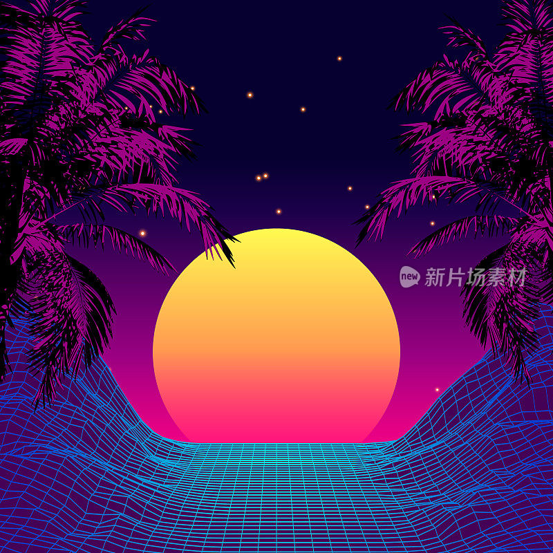 Retro 80s Style Tropical Sunset with Palm Tree.